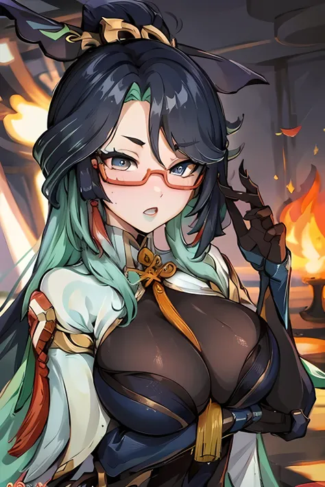 xianyun from genshin impact, wearing red glasses, ahegao expression with tongue out, huge breast ,seductive sexy pose, sit down, high quality image resolution