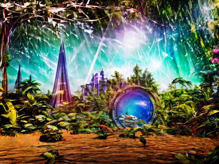 futuristic cityscape, ancient ruins, ethereal atmosphere, mysterious portal, celestial beings, surreal landscapes, cosmic energy...