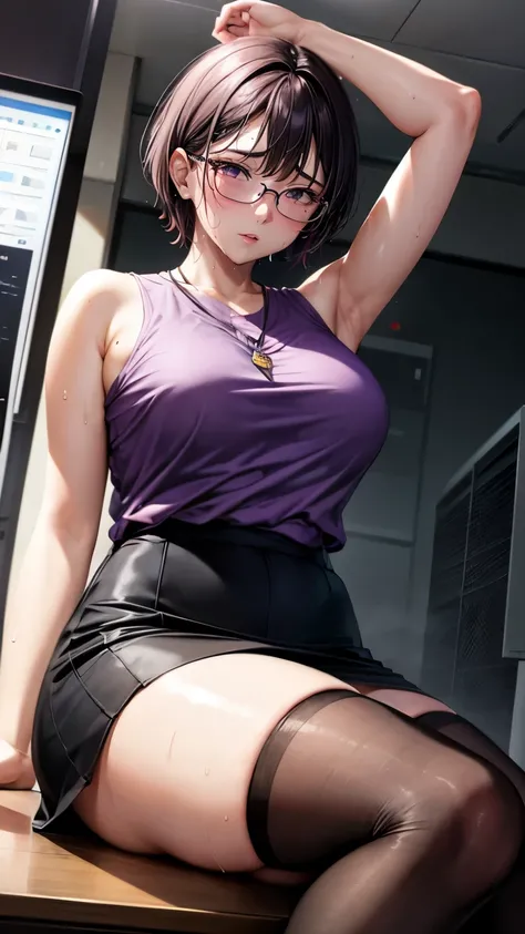 purple short hair　Glasses　Transparent purple blouse with armpit sweat stains　black tight skirt　stockings　(lanyard id card)　50 years old　red rouge plump lips　round face　Plump　(eyecontact)　night景が見えるオフィス　The air conditioner is broken and the room is hot and ...