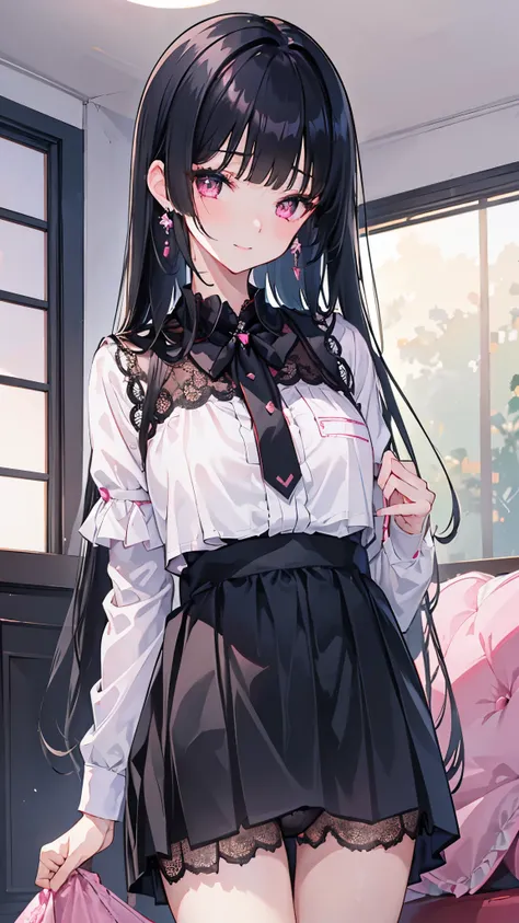 (8K、Highest image quality、highest quality、masterpiece)、detailed face、1 girl、black hair、hime cut、long hair、pink eyes、blush、smile、earrings、big breasts、Pink ruffled clothes、black mini skirt、jirai kei、((skirtliftfront))、((black lace panties))、Take from below、c...