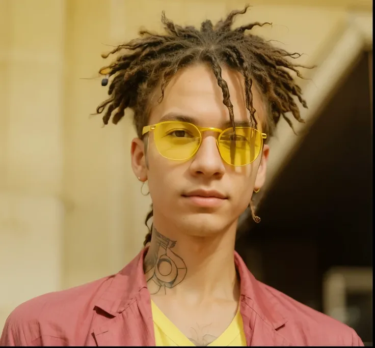 young boy dreadlocks hair,pink shirt,tatoo neck,yellow glasses,realistic,ultra detail,70mm lens