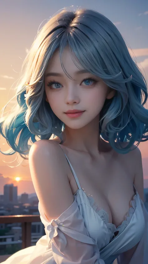 masterpiece，best quality，stills，1girl，Cloud Girl，Smiled brightly，blue eyes，blue hair，curls、semi long hair，floating in the sky，close up，bright，hapiness，Warm and soft lighting，Sunset，（spark：0.7）