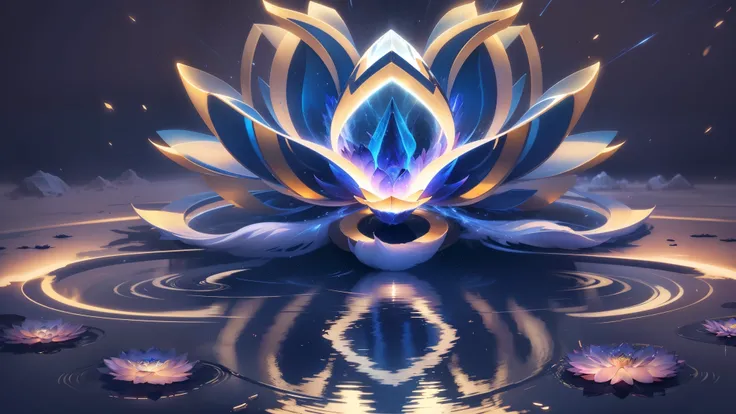 A large crystal clear lotus flower,  {blue white colors}Fire，Swaying water ripples（inverted image），Lightning ions，Light effects，Extreme CG，Blizzard style art trends，Diffuse luminous fog Noctilucent particles，Bright volumetric lamp，diffused reflections，Coba...