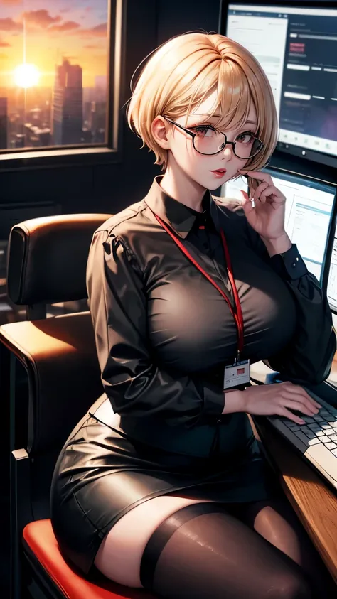 Blonde Shorthair　Glasses　black blouse　black tight skirt　stockings　(lanyard id card)　50 years old　red rouge plump lips　round face　Plump　back view　(eyecontact)　Sitting in a chair at a computer desk in an office in a high-rise building, I turn around and look...