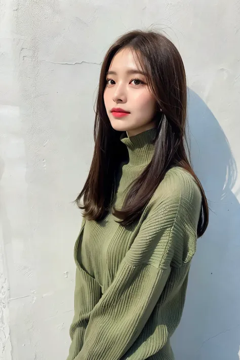 top quality, 1beautiful women, age 28, S, 35mm lens,, cowboy shot, concrete background、mortar style background、green turtleneck knit、Light brown、mortar style wall,from below、straight hair、straight hair、shiny hair,silky hair、green clothes