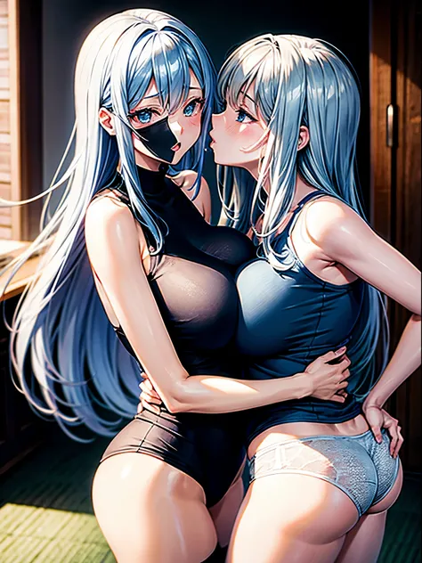 anime、moe、adult women、Kissing between women、Intertwining tongues、Women hugging each other、Tank top、hot pants、sexy woman、big breasts、very big breasts、long hair、straight hair、silver hair、Completely naked、rub each other&#39;s butts、Pink Room