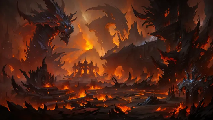 Artwork of battlefield ruins surrounded by flames, Diablo digital concept art, World of Warcraft Art, World of Warcraft concept art, Diablo concept art, World of Warcraft Art style, hell background, wrath flame and ruin, Deathwing, The last battle in hell,...