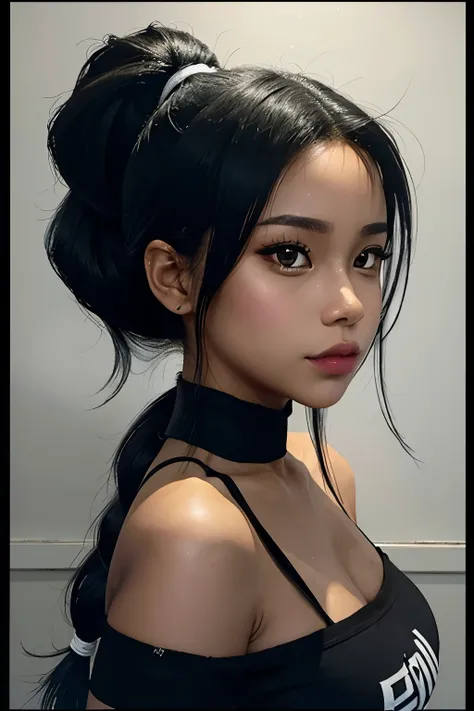 sloppy appearance of a mulatto with ponytail black hair, Fogo, camiseta preta, chamas, elegante, pintura digital, arte conceitual, sharp focus, naked illustration