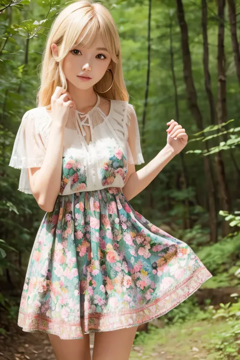 floral dresses and bohemian skirts、Short blonde beauty、The background is a forest