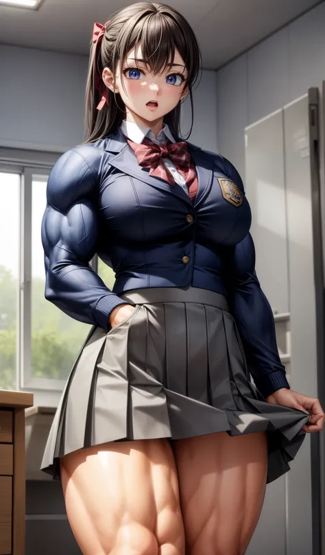 , (muscular female:1.1),school uniform jacket, skirt lift,bow panties,muscular thighs
masterpiece, best quality,  extremely detailed face, perfect lighting, extremely detailed CG,open mouth,laboratory