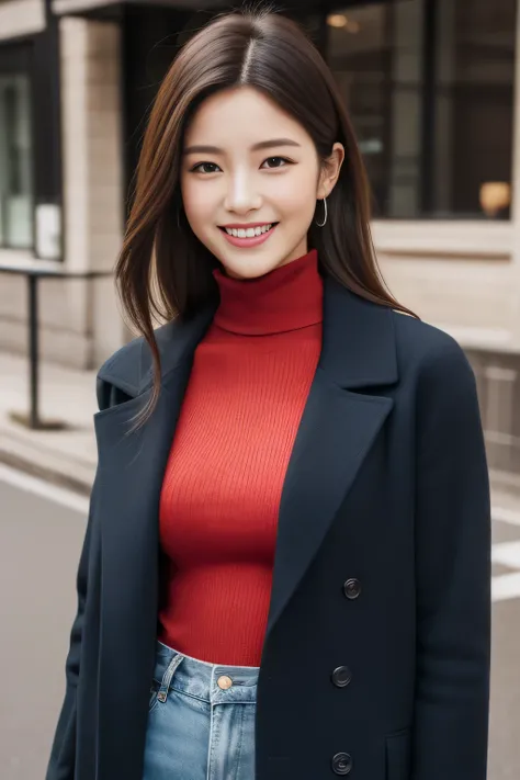 The face is a hostess、Wearing a red turtleneck sweater、high quality、surreal、healthy、smile、Perfect slender figure、beauty of japan、beautiful eyes、perfect face、beautiful skin、Upper body、、street