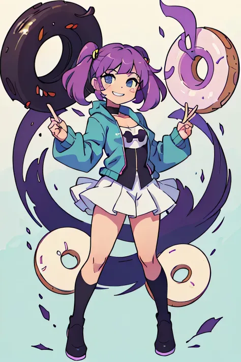 anime villain girl，smile in donut，full-body shot