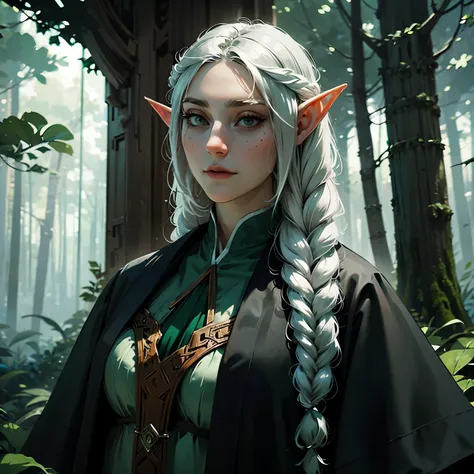 female elf, long black hair, braided hair, green and white clothes, in a forest, fantasy character, round face