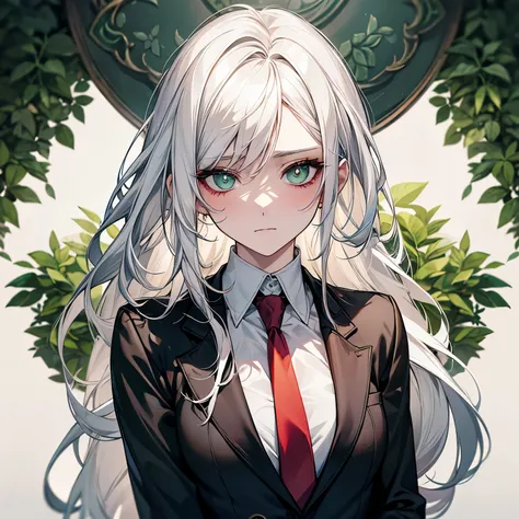 A pretty beautiful lady, green forest eyes and white hair, long hair, "White buttoned shirt", "Black blazer with a school logo", "Stockings", "Red necktie", looking at you in annoyance, a human, modern era, daylight, school, close up, half body.