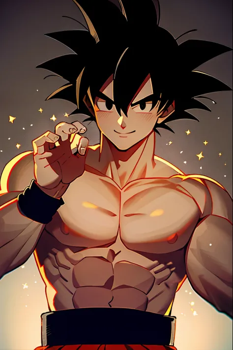 son goku, 1boy, backlighting, black eyes, black hair, blue wristband, closed mouth, dougi, hair strand, hands up, light particles, looking at viewer, male focus, muscular, muscular male, pectorals, smile, solo, spiked hair, upper body, wristband, big cock,...