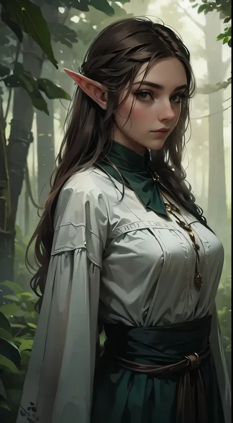 female elf, long black hair, braided hair, brunette, round face, green and white clothes, in a forest, fantasy character