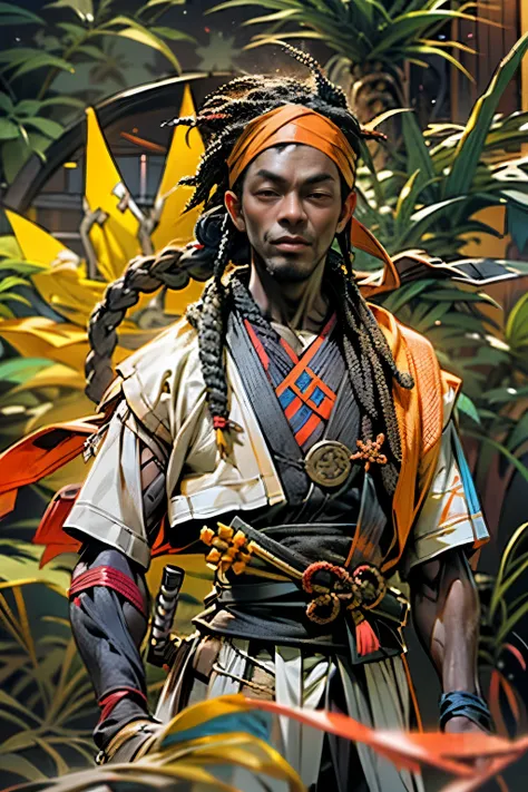 (handsome dark-skinned tall male haitian shinobi with long freeform locs) wearing ("tactical chunin vest" with kunai and shurike...