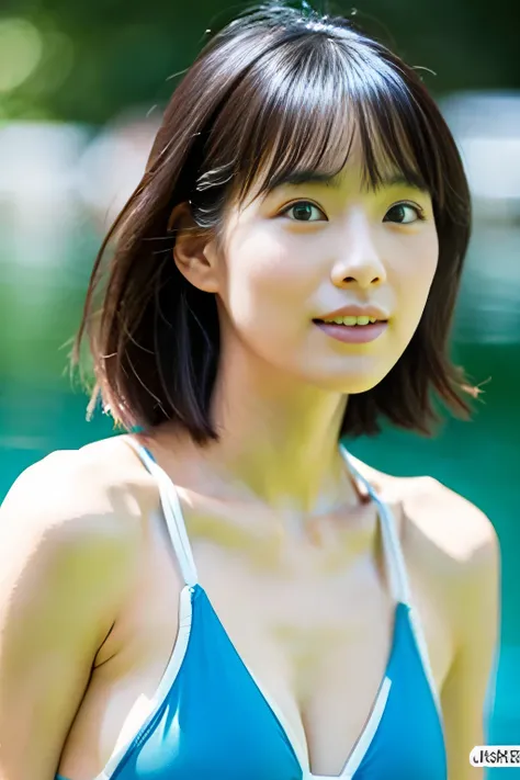 Beautiful woman at 30 years old,sexy,Japanese、short cut hair、blue swimsuit