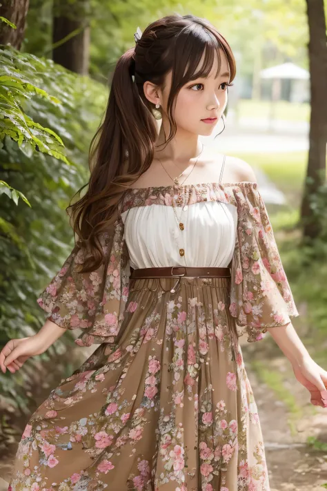 floral dresses and bohemian skirts、Brown Hair Ponytail、The background is a forest