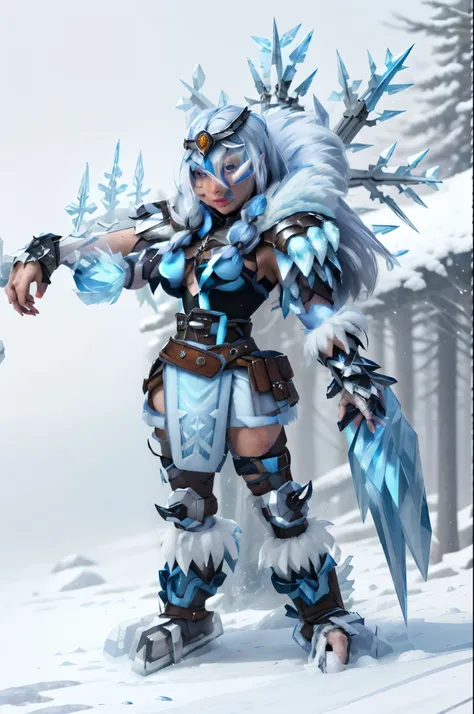 Close-up of a woman with a sword and snowflakes, Ice Crystal Armor, ice magician, frostbite 3 rendering, queen of ice and storm, Crystal Maiden, ice magician, crystalline skin, valkyrie style character, epic magical girl characters, freezing blue skin, nor...