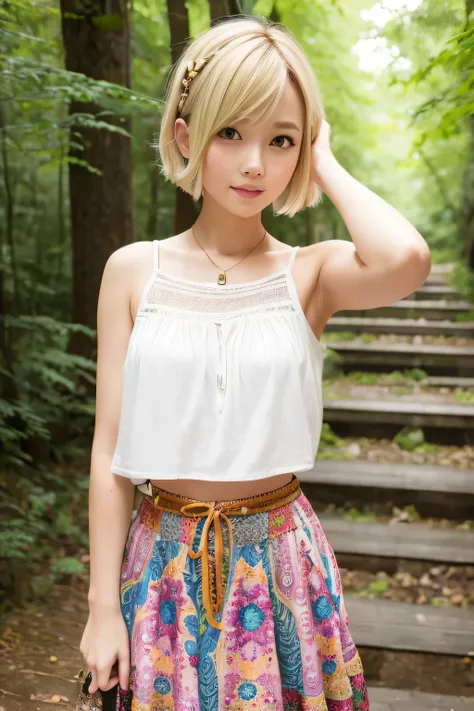 bohemian skirt、short blonde hair、The background is a forest