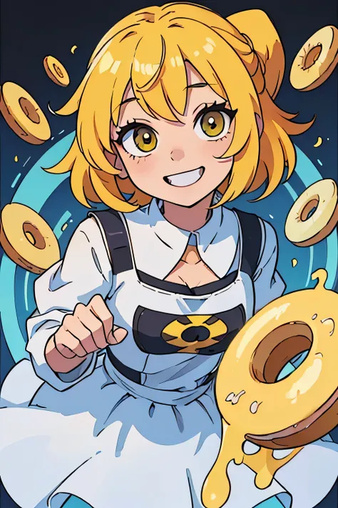 (best quality:0.8) Perfect anime illustration, An anime villain yellow-haired girl smiles in a donut