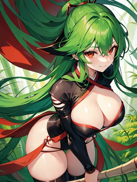 green hair　red eye　very long hair　Beauty　Two dimensions　very big breasts　thighs　sexy costume　high resolution　smile　Kunoichi　female ninja　Wind Effects　bamboo forest　japanese landscape　face close up