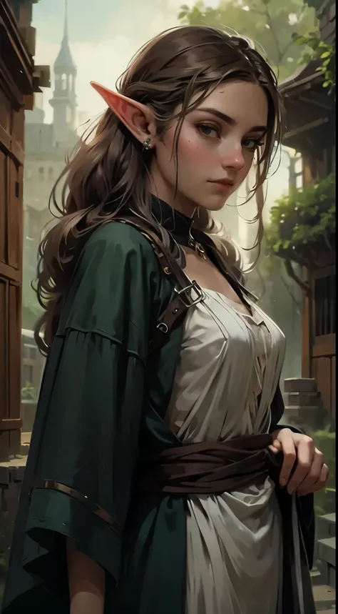 female elf, long black hair, braided hair, brunette, round face, small ears, green and white clothes, in a fantasy town, fantasy...