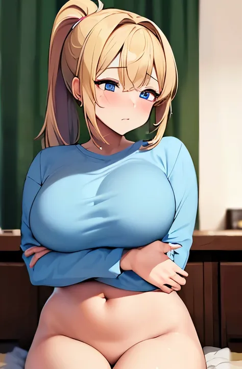 masterpiece, anime, best quality, anime, 1 woman, half Japanese, half American, blonde, blush with embarrassment, cute face, ponytail, housewife, medium breast, (((covering breasts, hiding breasts by arms))), ((sitting)), ((shot from the front)), (((full n...