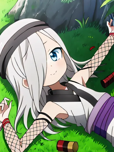 kunoichi_hototogisu, blue eyes, gray hair, long hair, hair over one eye, anime, closed mouth, closed mouth, solo, cowboy shot, lying, on back, on grass, spread arms, arms up, shy smile,