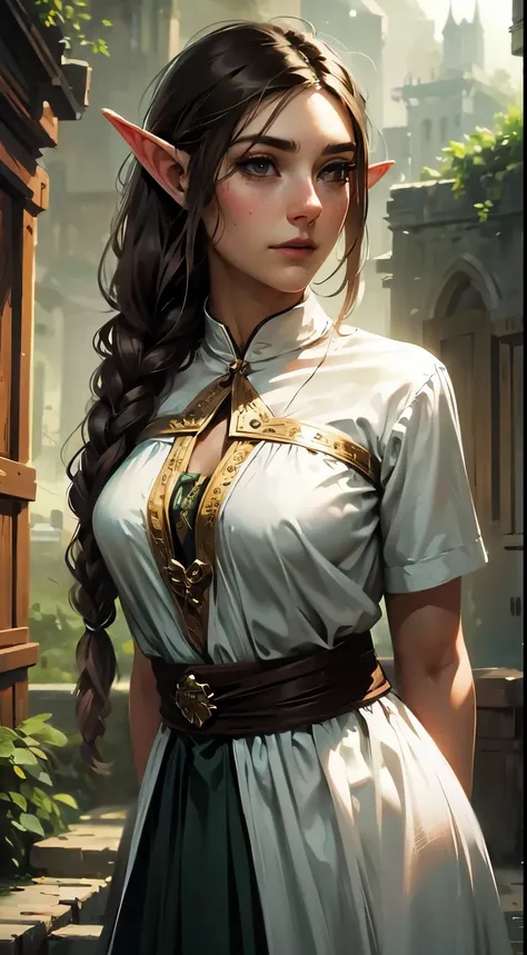 female elf, long black hair, braided hair, brunette, round face, green and white clothes, in a fantasy town, fantasy character