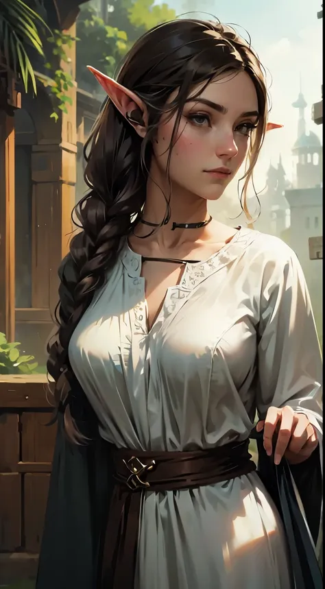 female elf, long black hair, braided hair, brunette, round face, green and white clothes, in a fantasy town, fantasy character