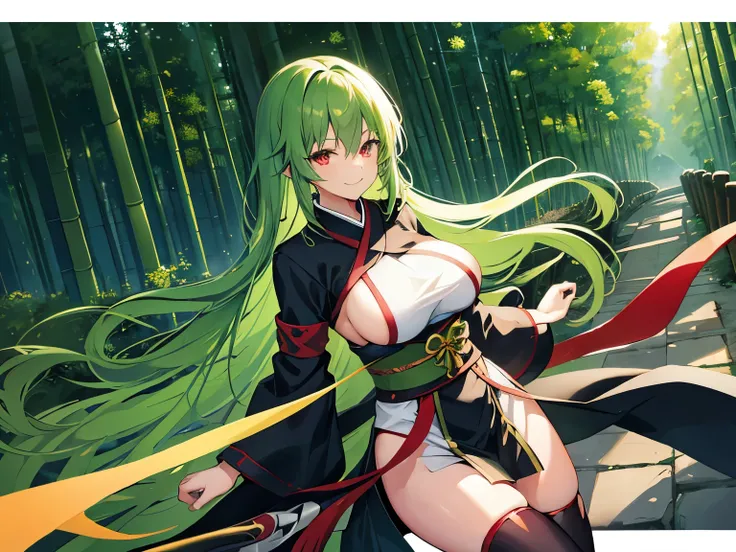 green hair　red eye　very long hair　Beauty　Two dimensions　very big breasts　thighs　　high resolution　smile　Kunoichi　female ninja　Wind Effects　bamboo forest　japanese landscape