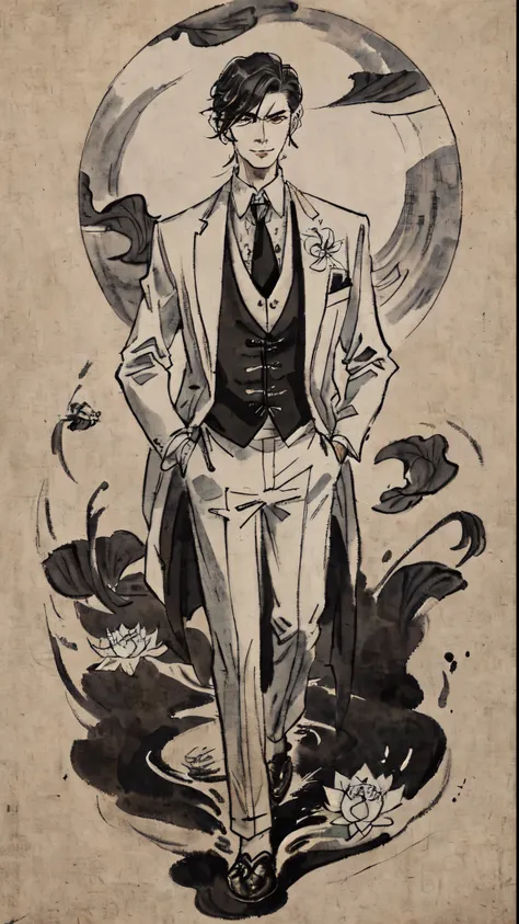 (traditional Chinese ink painting,) shukezouma, 1 boy, john foo is a vampire, wearing a stylish (white suit and tie), fangs, black hair, white lotus flower in lapel