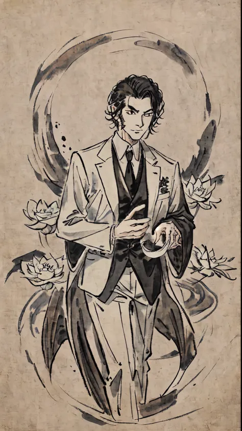 (traditional Chinese ink painting,) shukezouma, 1 boy, john foo is a vampire, wearing a stylish (white suit and tie), fangs, black hair, white lotus flower in lapel