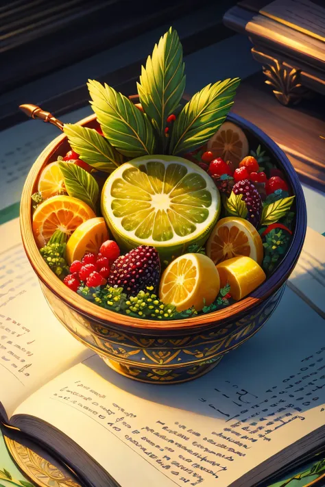 (best quality, highres), detailed herbal manuscript page with intricate illustrations of herbs, fruits, and berries, elaborate calligraphy, ultra-detailed depictions of each plant and fruit, top-down perspective, centered composition, no human presence