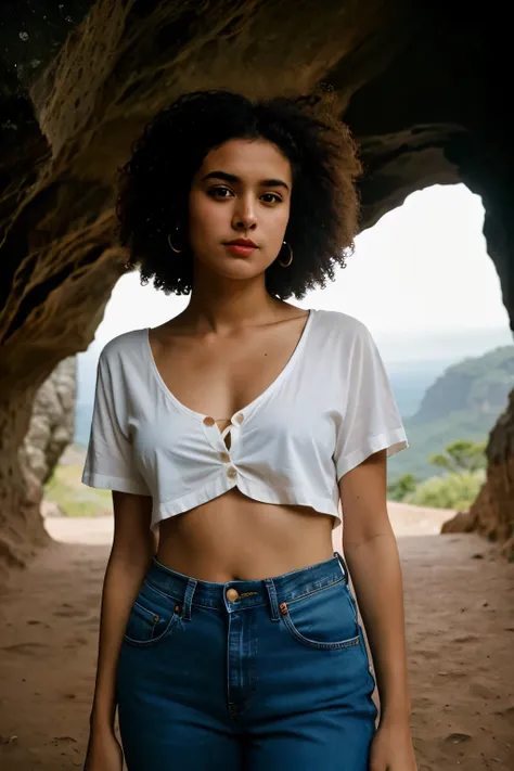 fotografia de uma mulher, (disturbed facial expression), Pele texturizada, arrepio, cabelo afro loiro, camisa xadrez de flanela com jeans boyfriend desgastado, tiro de vaqueiro, dark and mysterious cave with unique rock formations and hidden wonders, olhos...