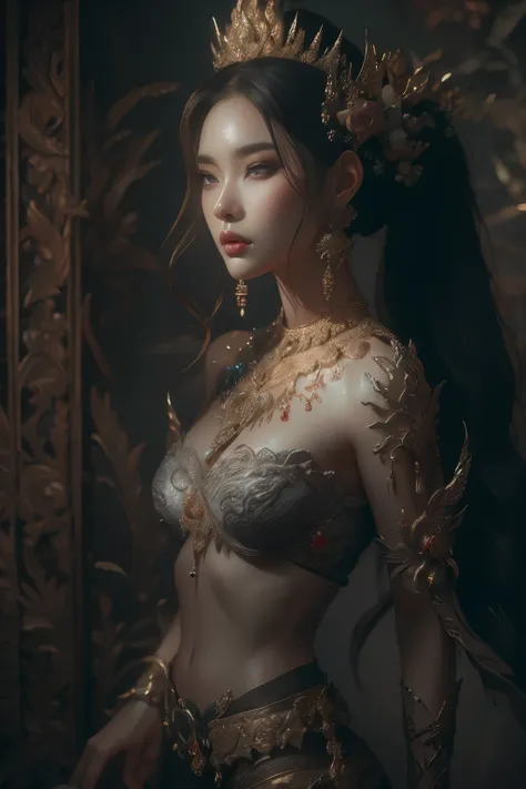 ((full body shot:1.4))beautiful painting of perfect thai female  princess, ponytail long hair, perfect features, abstract beauty...