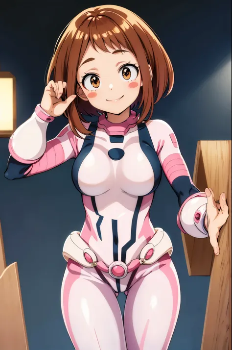 masterpiece, best quality, highres, hmochako, blush stickers, short hair, medium breasts, superhero, bodysuit, cowboy shot, stan...