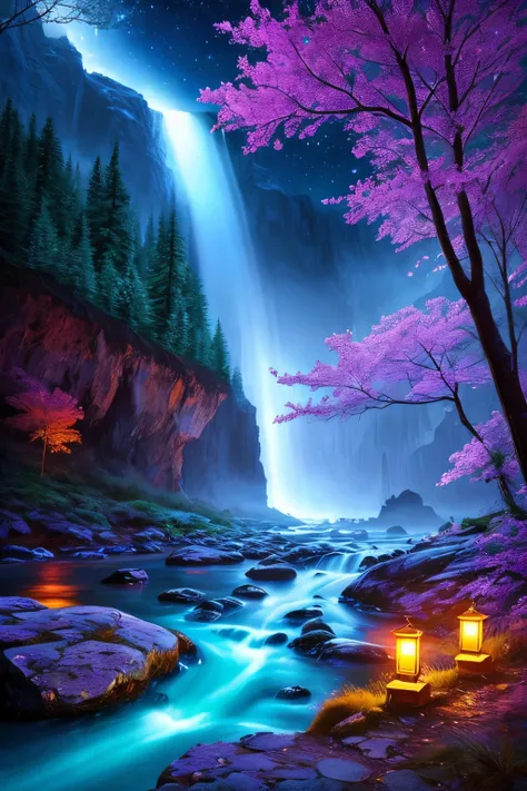 best quality, masterpiece, beautiful wild and natural fantasy landscape with glowing lights