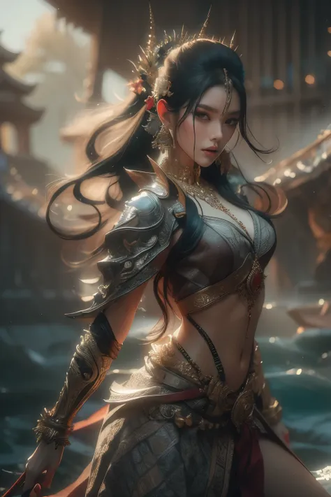 ((full body shot:1.4))beautiful painting of perfect thai female  princess, ponytail long hair, perfect features, abstract beauty...