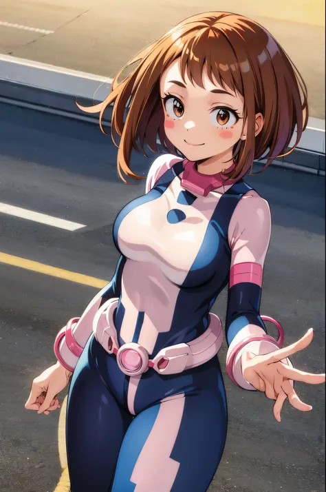 masterpiece, best quality, highres, hmochako, blush stickers, short hair, medium breasts, superhero, bodysuit, cowboy shot, stan...