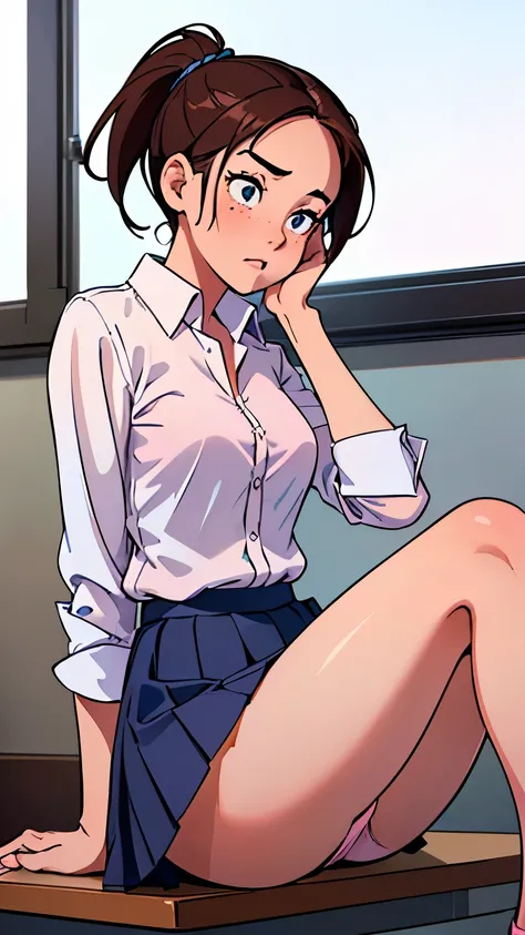 ((best quality)), ((masterpiece)), (detailed), perfect face, classroom, slender 16yo teen girl, (((sitting))), (((legs together, knees bending))), ((((plain white button shirt)))), (((dark blue pleated skirt))), (((plain pink panties))), (((upskirt peak)))...