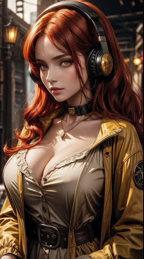 Beautiful woman, red hair, yellow eyes, large perfect snoopy breast,(torn blouse) cleavage, highly detailed, brown jacket,, vintage, dark fantasy, cowgirl, western style, headphones,, closeup portrait,