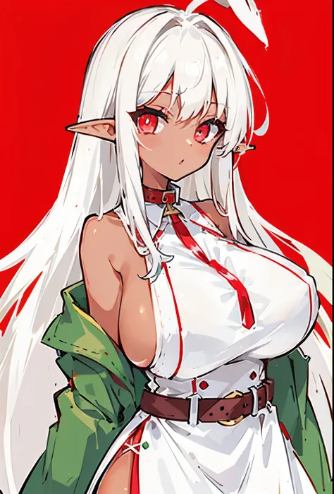 (tanned elf girl:1.2), (white_hair red_eyes) (open dress), (collar) (belts), (huge tits)