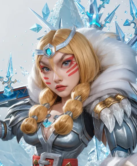 Pigtails with braided hair hanging to the left and right、Two red lines on the cheeks、Close-up of cartoon characters holding swords and swords, queen of ice and storm, ice magician, Crystal Maiden, ice magician, Ice Crystal Armor, mystical atlantean valkyri...