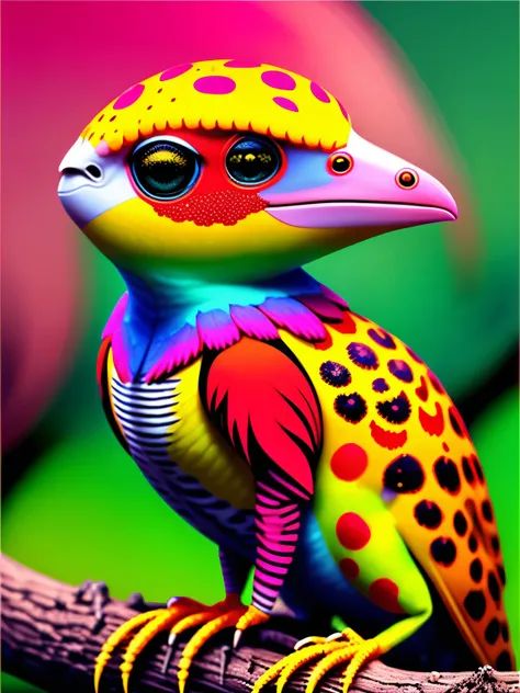 lizzard colored bird, lizard patterned, alien predatorial unusual unearthly bird with leopard skin style feather coloring, leopard feathers, sitting on a branch with pink skulls, cgi art, red-yellow colors, hyperrealistic sparrows, pinterest, photorealisti...