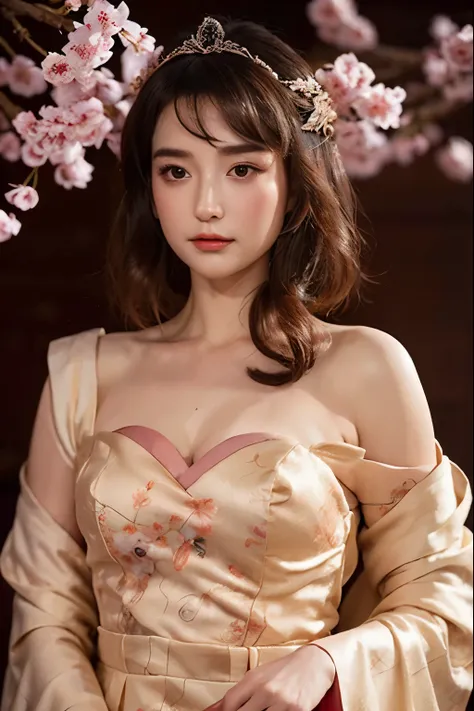 A captivating image prompt showcasing an elegant goddess draped in a resplendent Chinese hanfu, her Boysenberry hair intricately styled, while delicate cherry blossoms delicately embrace her crown, accentuating her enchanting charm.