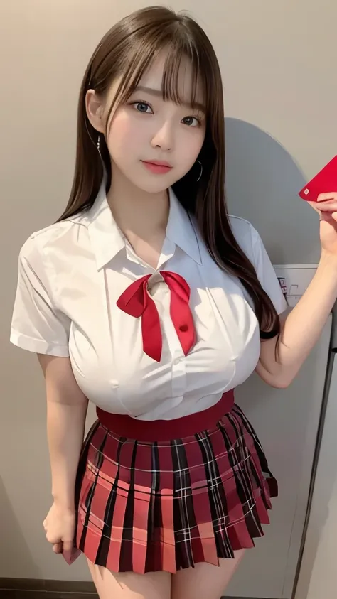 ​masterpiece,masutepiece、8K,4K,Best Quality),girl with、kawaii faces、(large full breasts:1.2), FULL BODYSHOT、hi-school girl、High School Uniform、Red ribbons、((Pencil pleated skirt))、cleavage