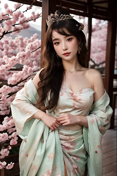 A captivating image prompt showcasing an elegant goddess draped in a resplendent Chinese hanfu, her Boysenberry hair intricately styled, while delicate cherry blossoms delicately embrace her crown, accentuating her enchanting charm.